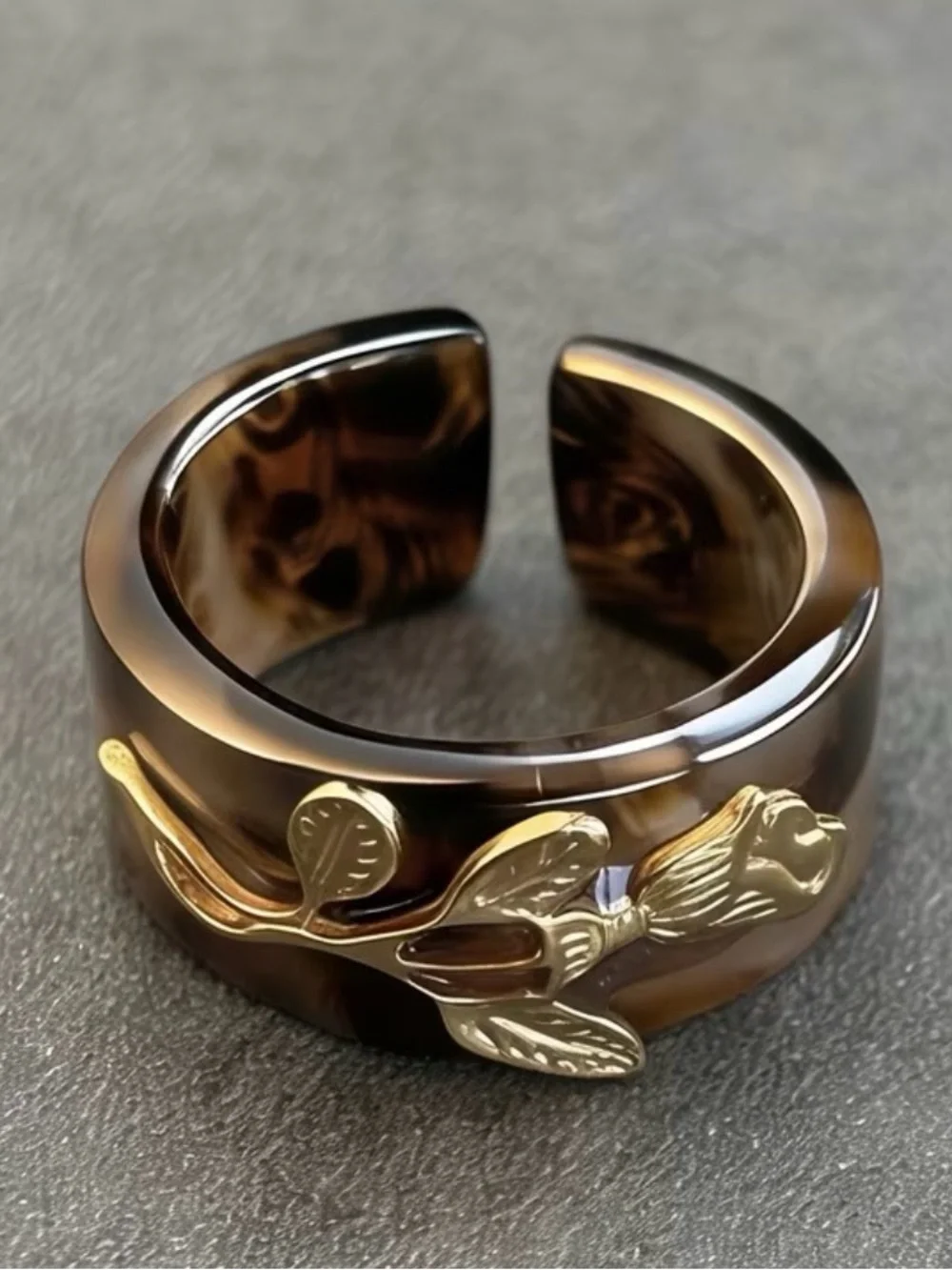 Western Ring Tortoiseshell Resin Cuff with Gold Rose Accent